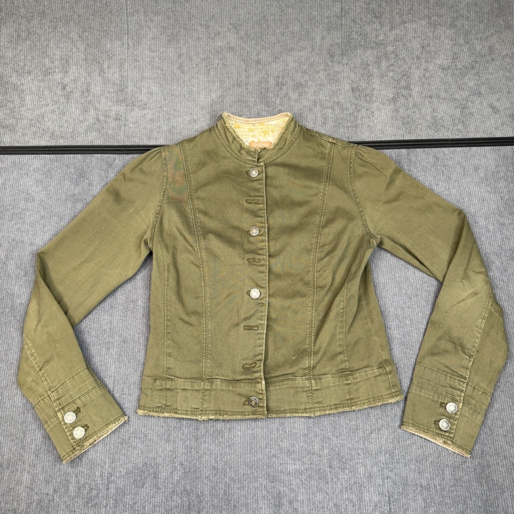 Twenty One Olive Green Military Y2K Cropped Jacket Floral Lined Distressed Hem M